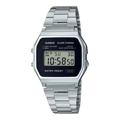 Casio 中裝 銀色 簡約黑面 方形復古跳字錶A158WEA-1