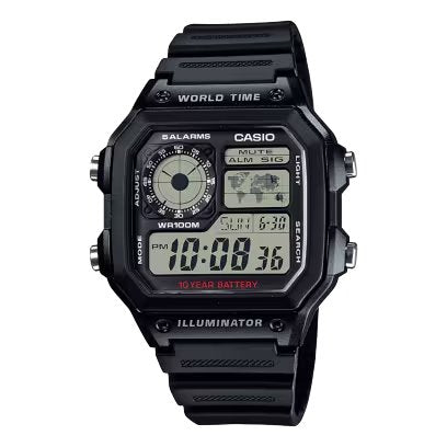 Casio 復古跳字錶 黑色膠帶 地圖 AE-1200WH-1A