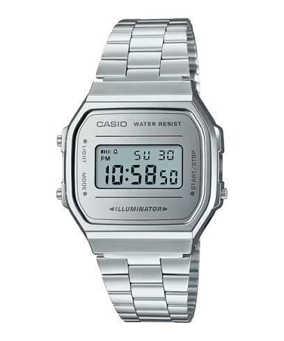 Casio A168WEM-7 銀鏡面 方形復古跳字錶