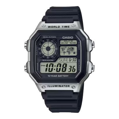Casio 復古跳字錶 銀盤 黑色膠帶 地圖 AE-1200WH-1C