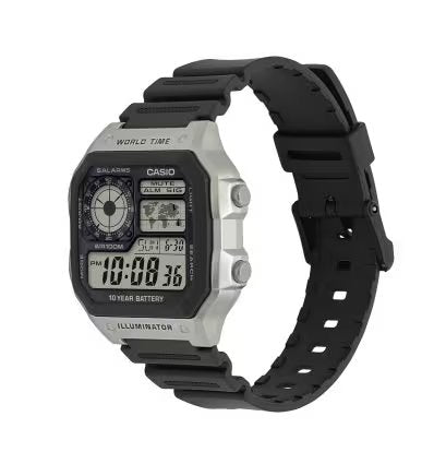 Casio 復古跳字錶 銀盤 黑色膠帶 地圖 AE-1200WH-1C