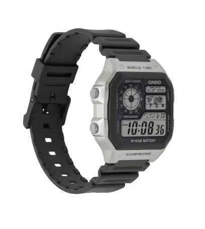 Casio 復古跳字錶 銀盤 黑色膠帶 地圖 AE-1200WH-1C